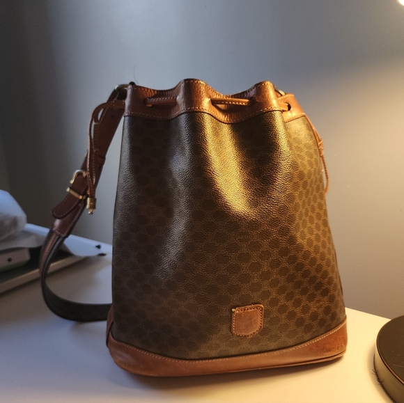 CELINE macadam Authentic Drawstring Shoulder Bag Logo Brown Women's
